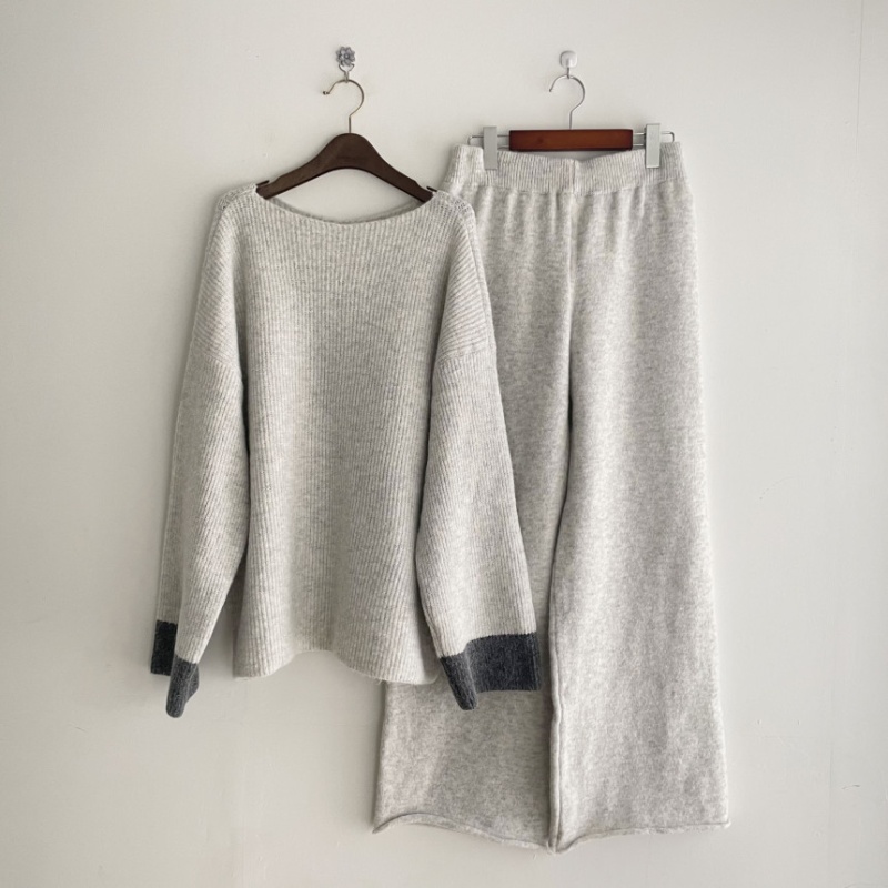 Korean style tops high waist wide leg pants 2pcs set