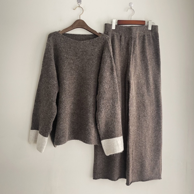 Korean style tops high waist wide leg pants 2pcs set