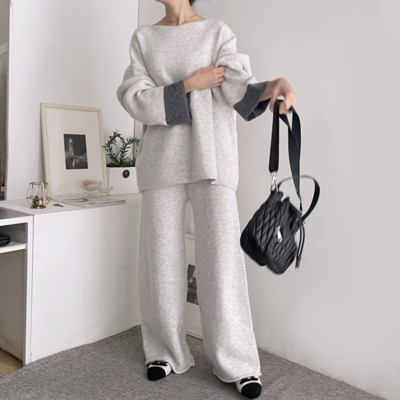 Korean style tops high waist wide leg pants 2pcs set