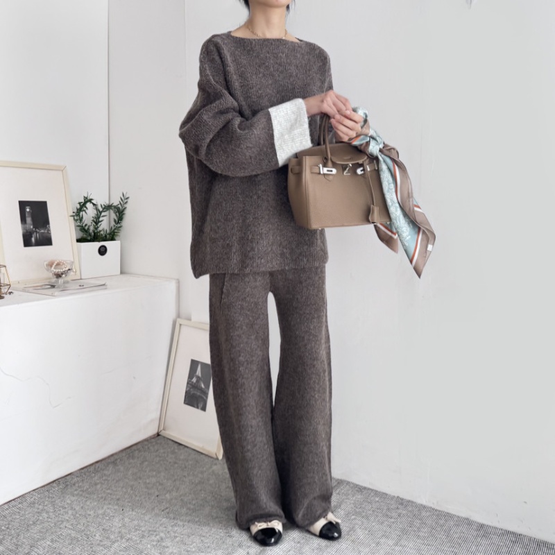 Korean style tops high waist wide leg pants 2pcs set