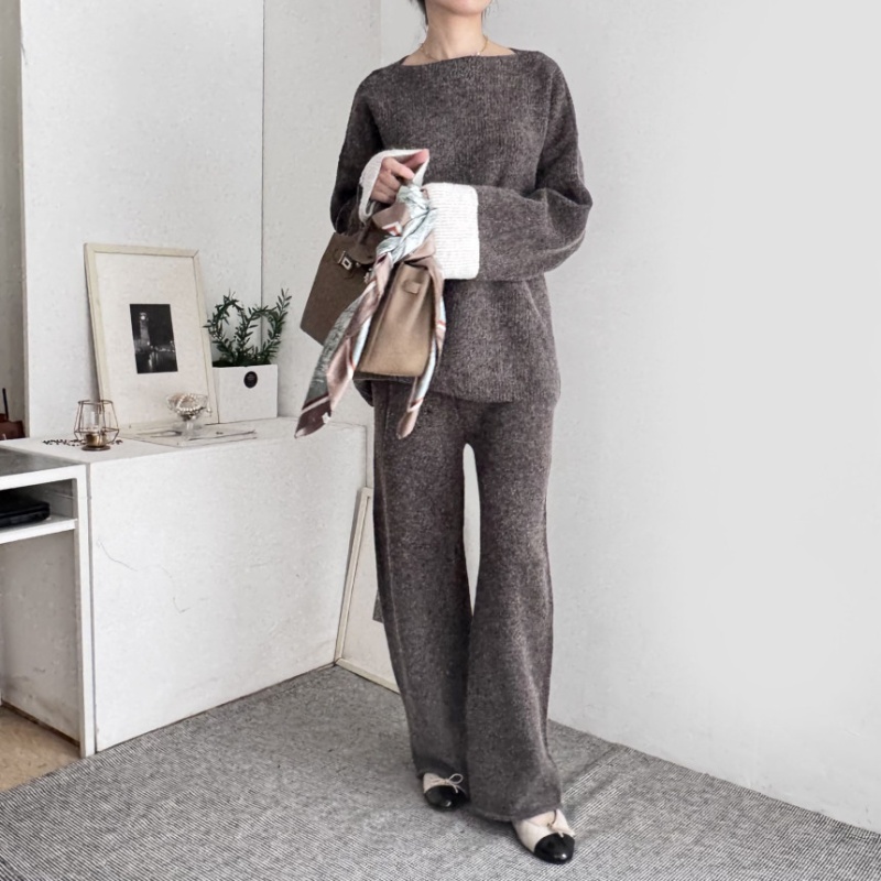 Korean style tops high waist wide leg pants 2pcs set