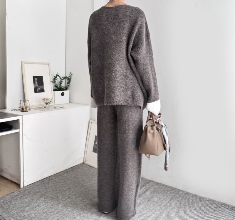 Korean style tops high waist wide leg pants 2pcs set