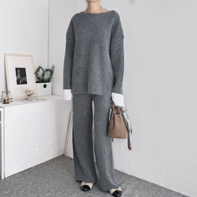 Korean style tops high waist wide leg pants 2pcs set