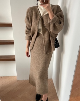 Retro loose coat woolen skirt 2pcs set