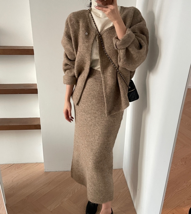 Retro loose coat woolen skirt 2pcs set