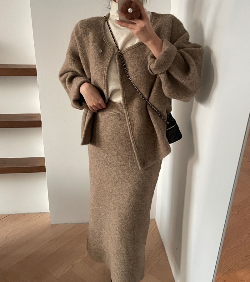 Retro loose coat woolen skirt 2pcs set