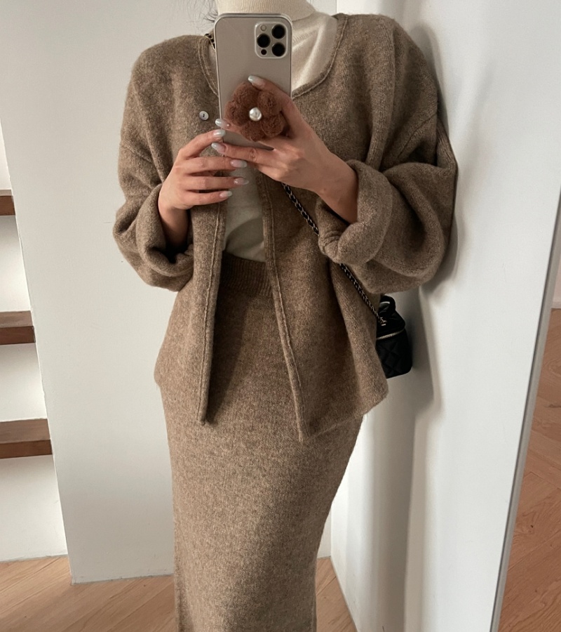 Retro loose coat woolen skirt 2pcs set