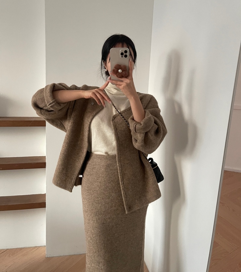 Retro loose coat woolen skirt 2pcs set