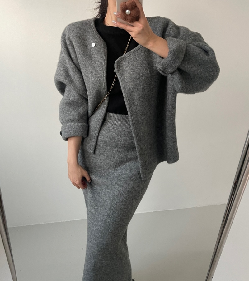 Retro loose coat woolen skirt 2pcs set