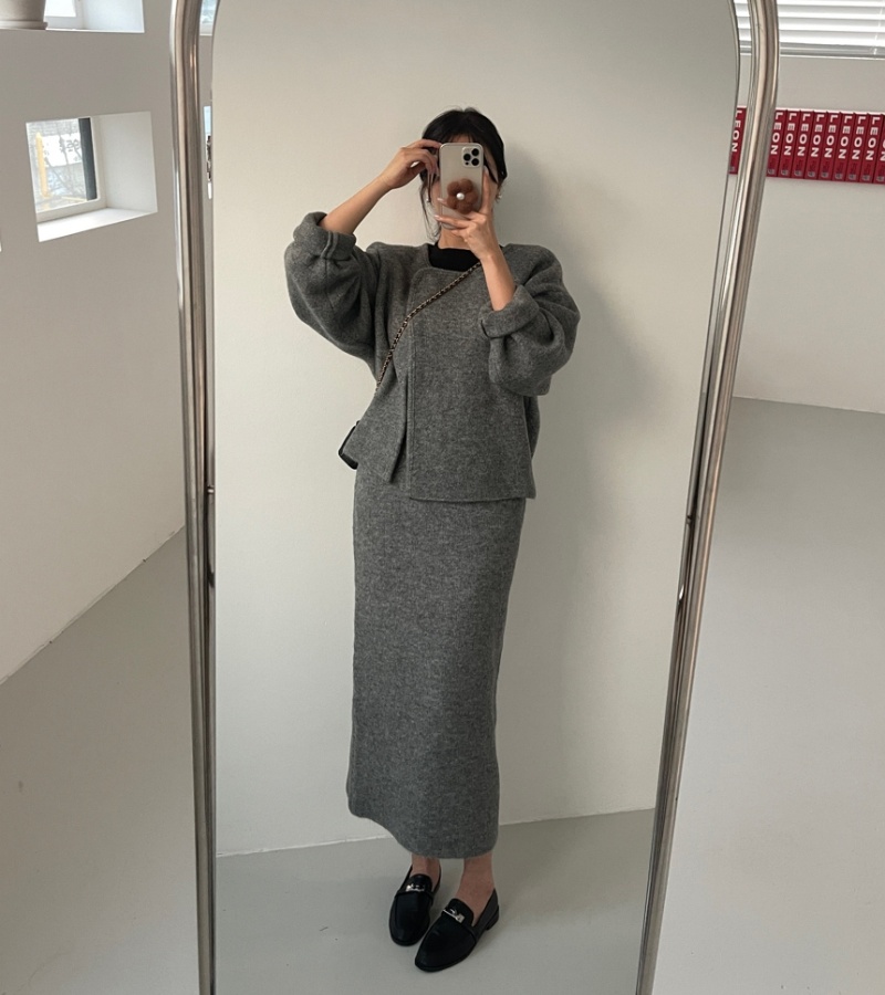 Retro loose coat woolen skirt 2pcs set