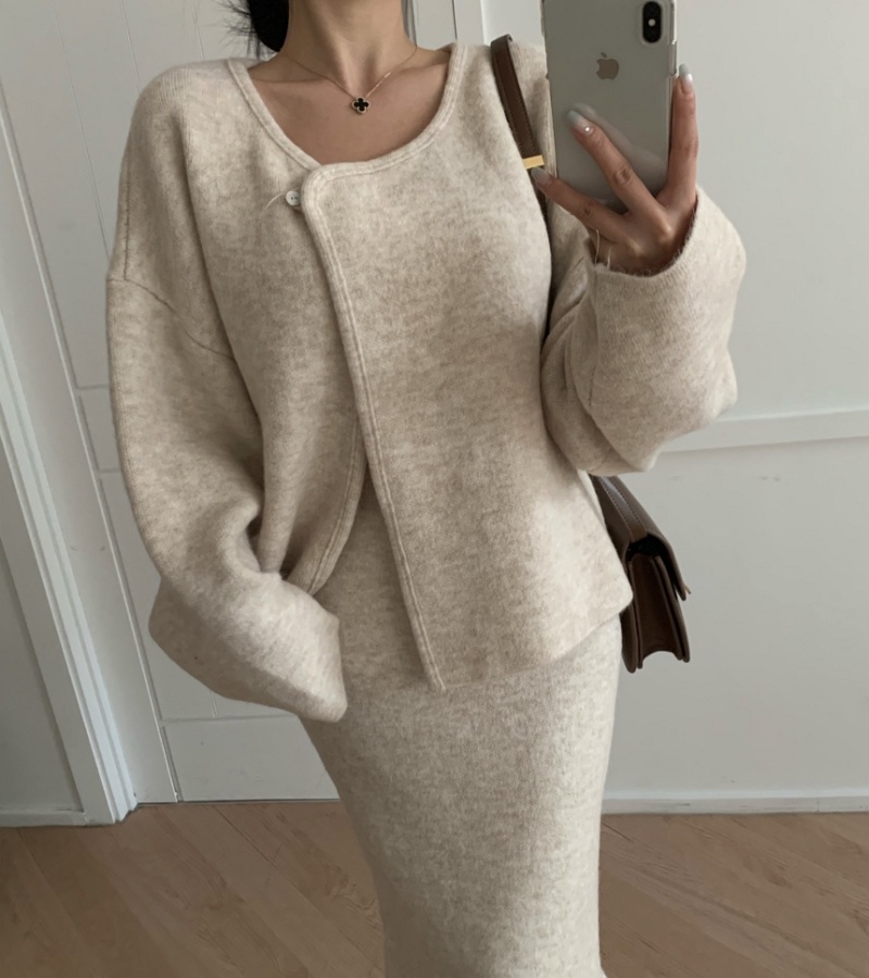 Retro loose coat woolen skirt 2pcs set