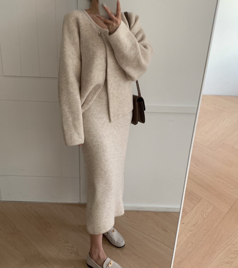 Retro loose coat woolen skirt 2pcs set
