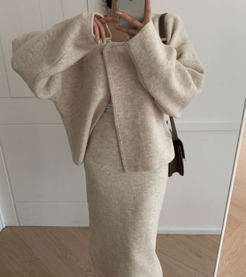 Retro loose coat woolen skirt 2pcs set
