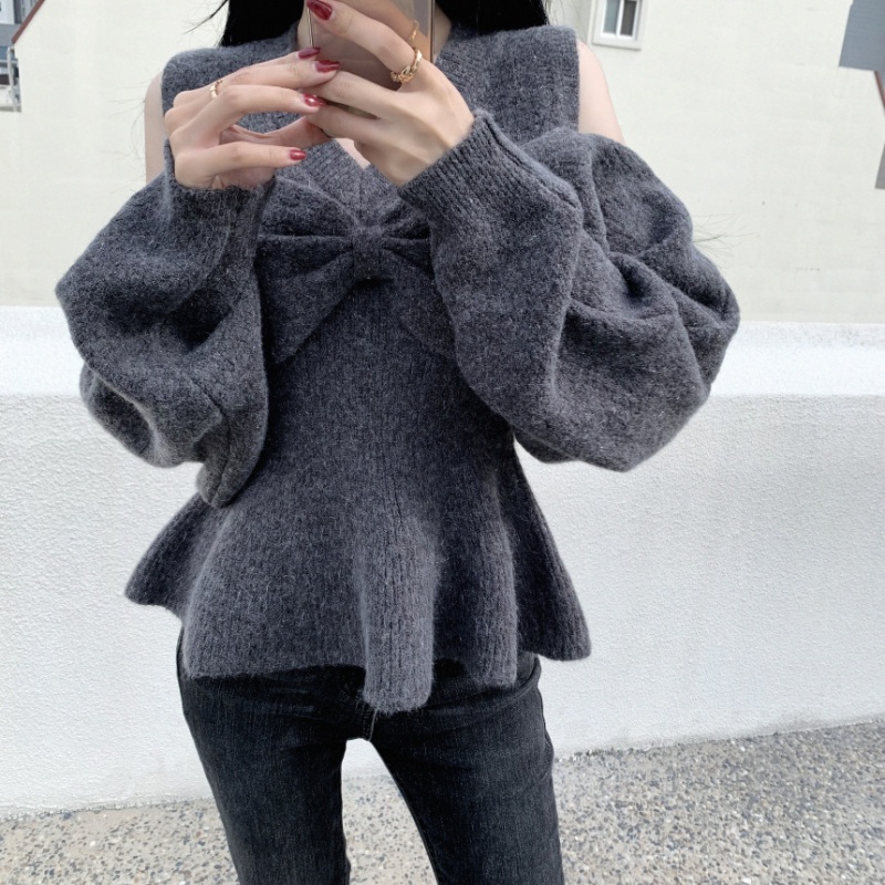 Gray lazy bow sweater fashion Korean style tops