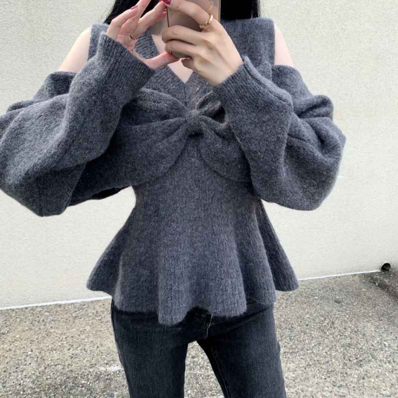 Gray lazy bow sweater fashion Korean style tops