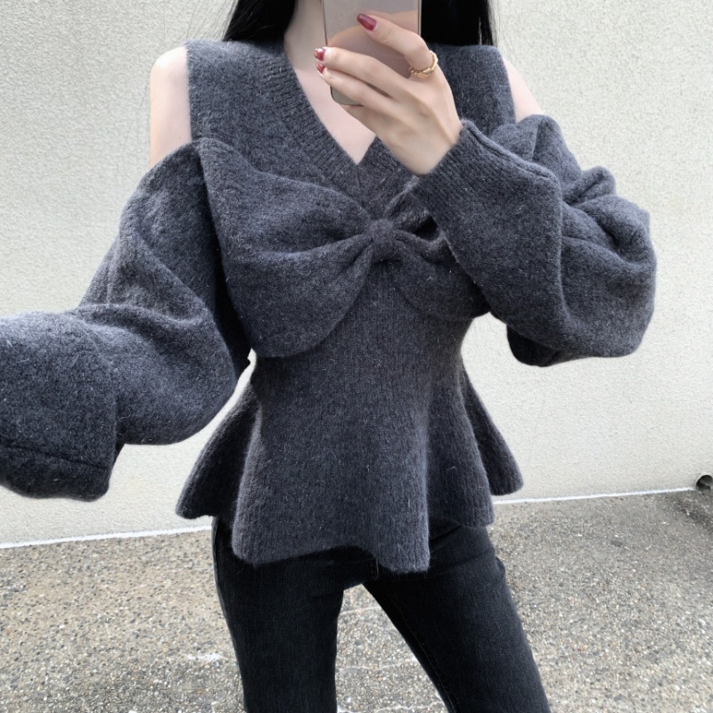 Gray lazy bow sweater fashion Korean style tops