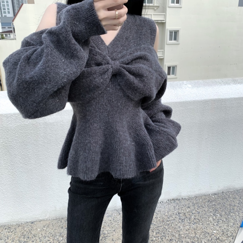 Gray lazy bow sweater fashion Korean style tops