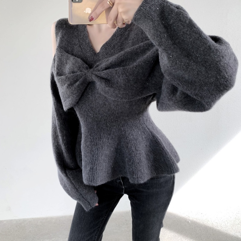 Gray lazy bow sweater fashion Korean style tops