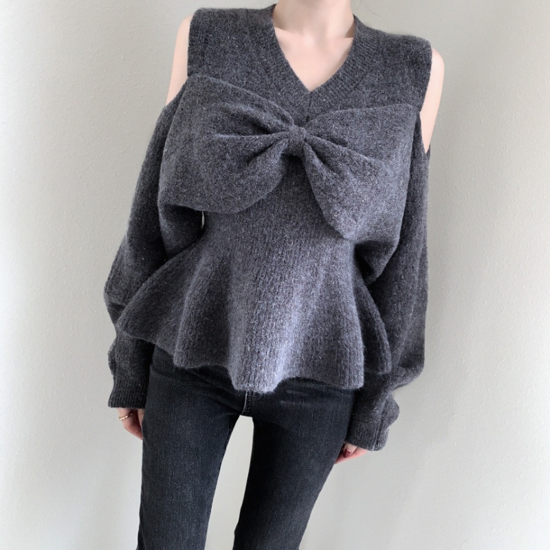 Gray lazy bow sweater fashion Korean style tops