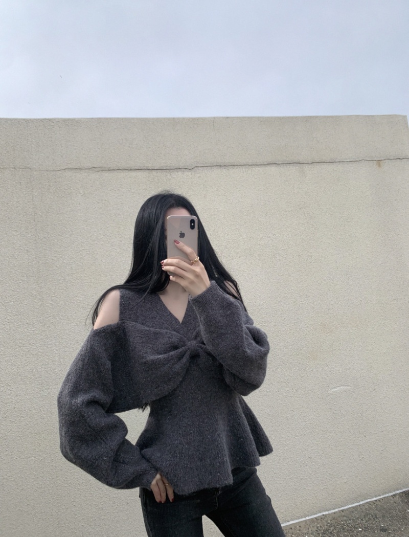 Gray lazy bow sweater fashion Korean style tops