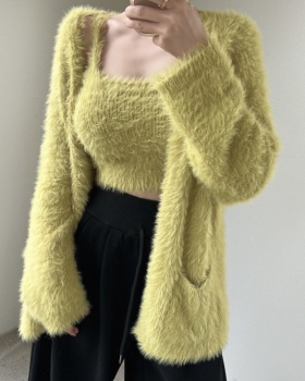 Lazy long sleeve cardigan knitted mohair coat 2pcs set