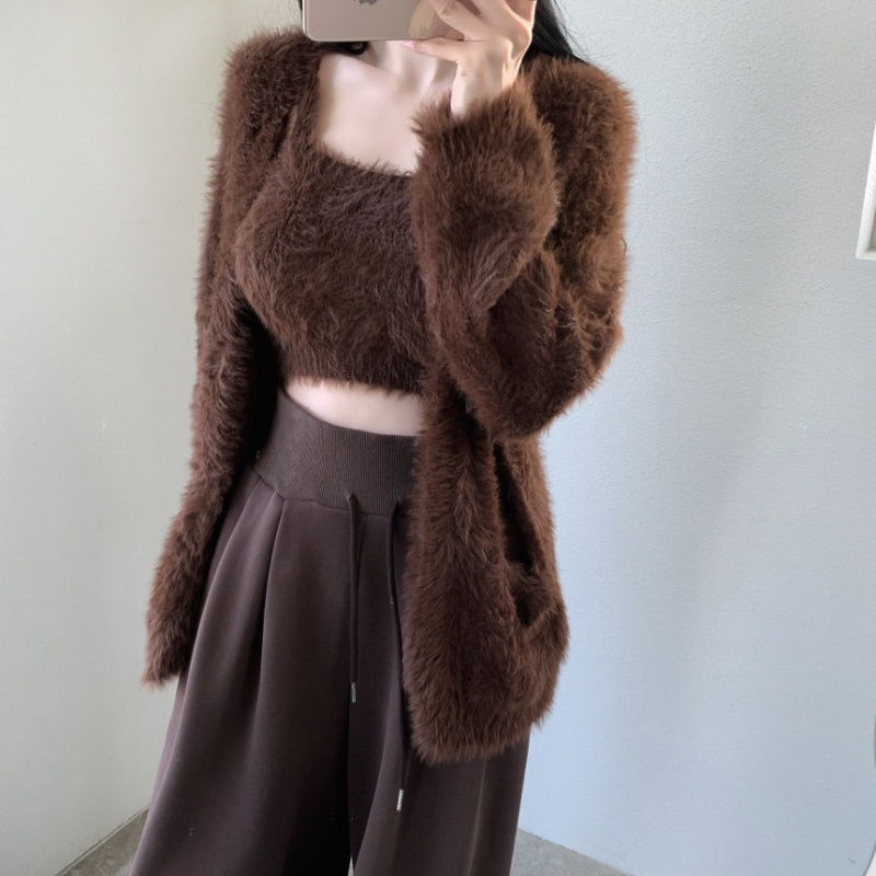 Lazy long sleeve cardigan knitted mohair coat 2pcs set