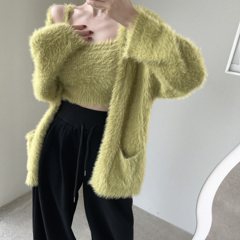 Lazy long sleeve cardigan knitted mohair coat 2pcs set