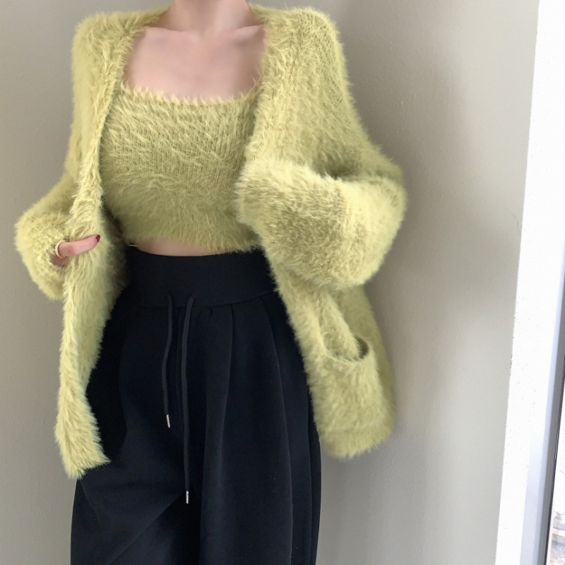 Lazy long sleeve cardigan knitted mohair coat 2pcs set