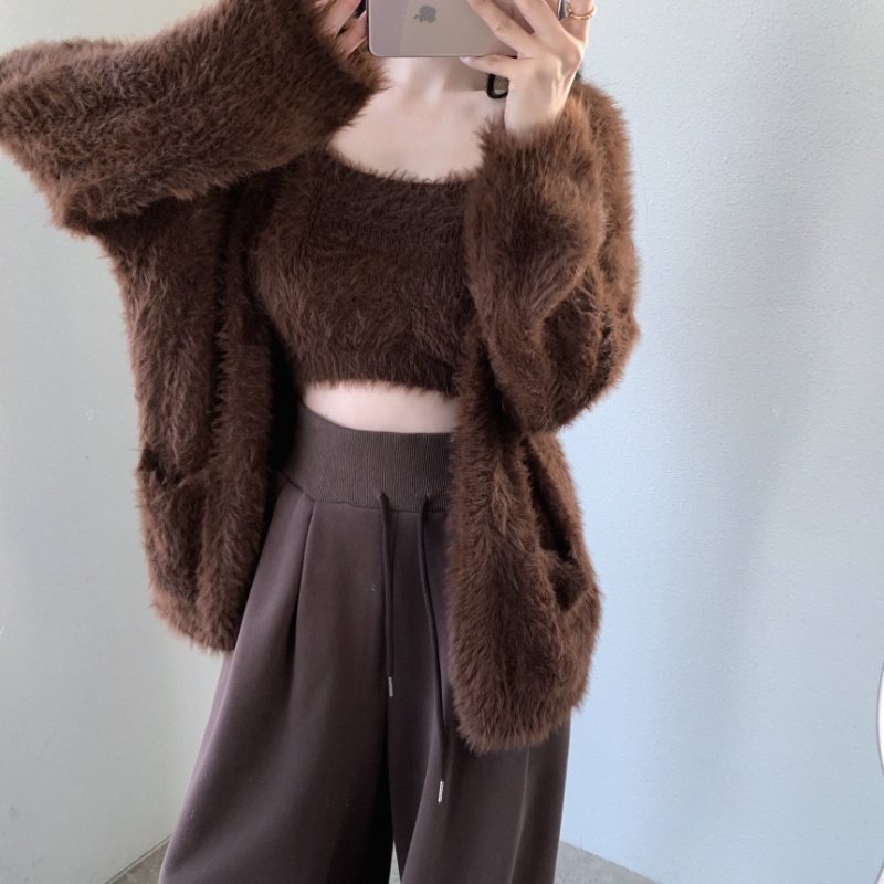 Lazy long sleeve cardigan knitted mohair coat 2pcs set