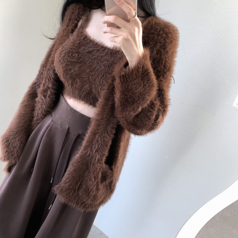 Lazy long sleeve cardigan knitted mohair coat 2pcs set