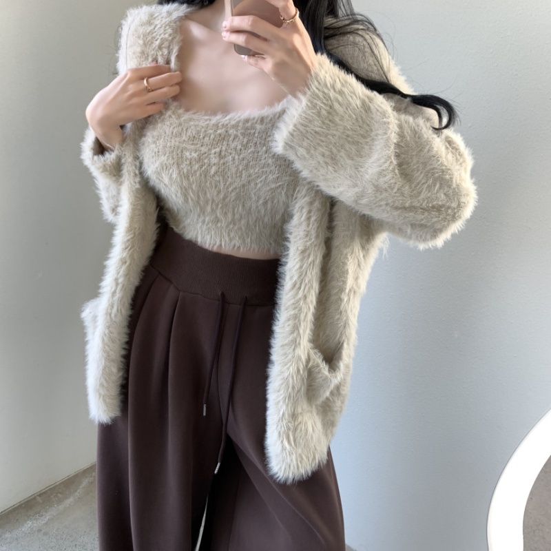 Lazy long sleeve cardigan knitted mohair coat 2pcs set