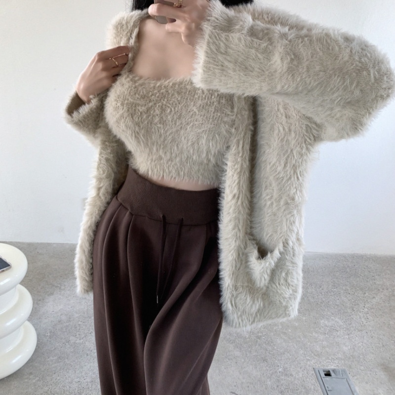 Lazy long sleeve cardigan knitted mohair coat 2pcs set