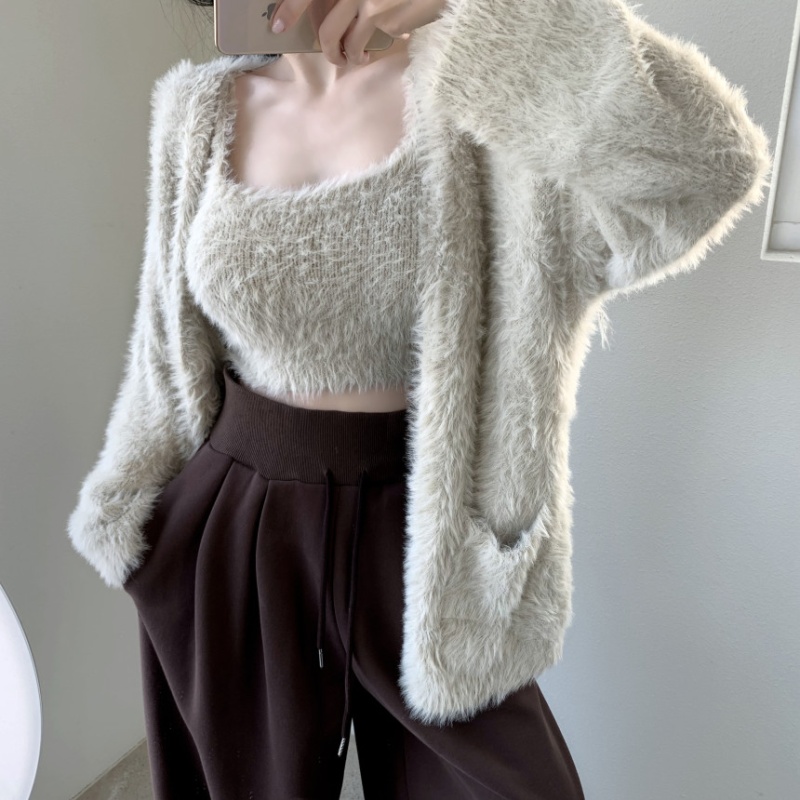 Lazy long sleeve cardigan knitted mohair coat 2pcs set