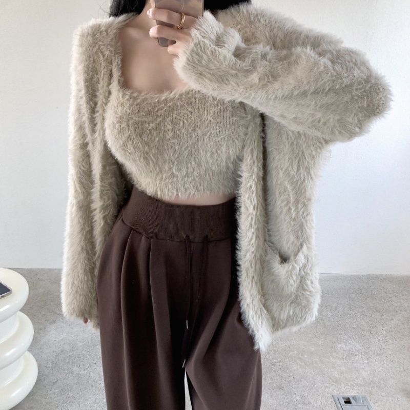 Lazy long sleeve cardigan knitted mohair coat 2pcs set