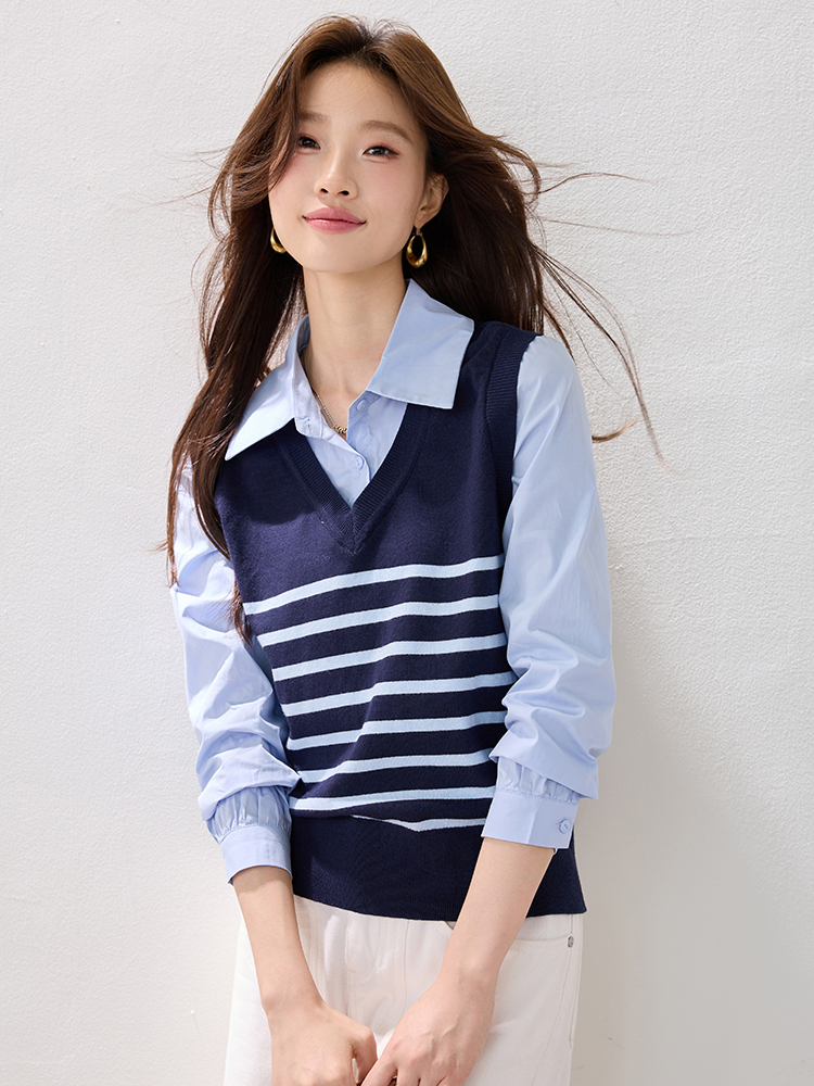 Stripe winter shirt Pseudo-two waistcoat for women