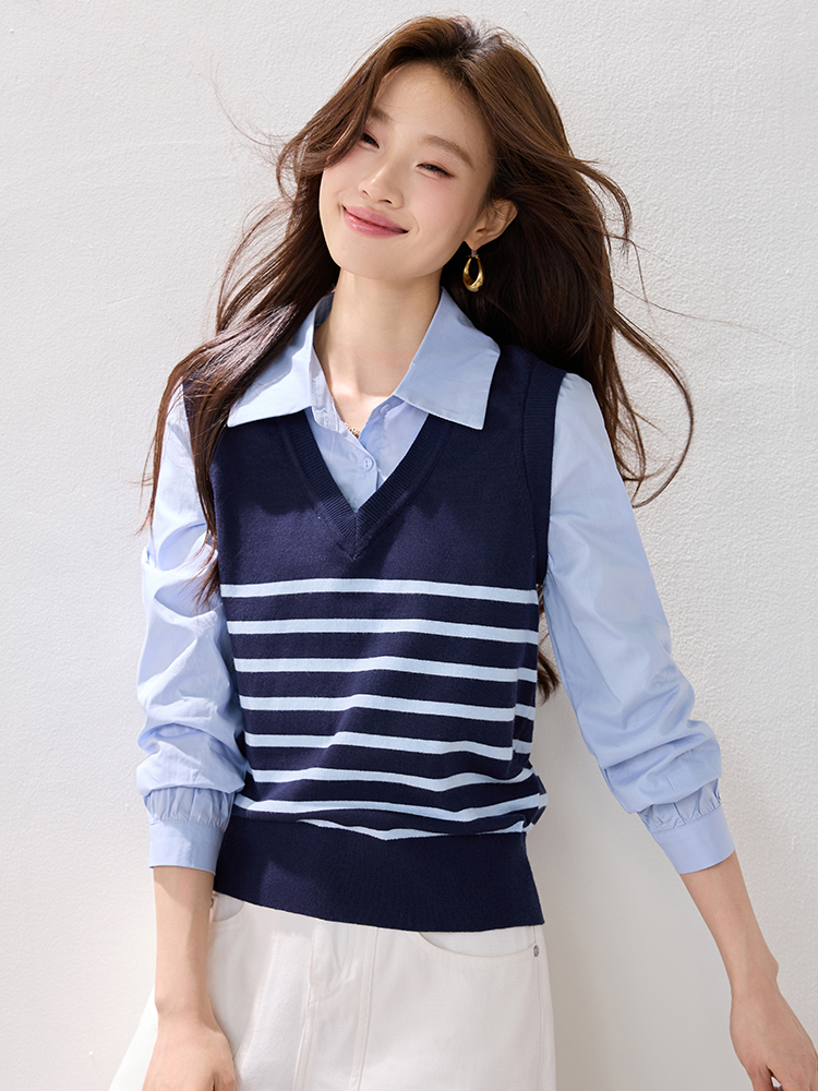 Stripe winter shirt Pseudo-two waistcoat for women