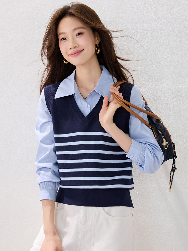 Stripe winter shirt Pseudo-two waistcoat for women