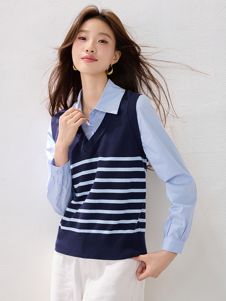 Stripe winter shirt Pseudo-two waistcoat for women