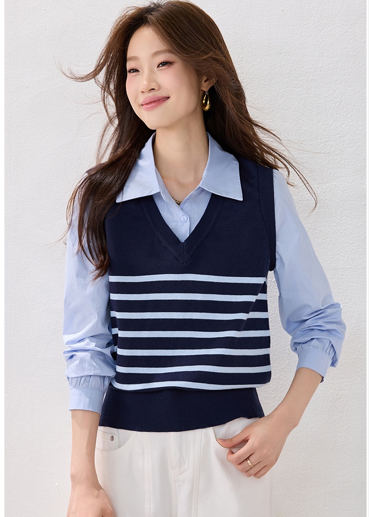 Stripe winter shirt Pseudo-two waistcoat for women