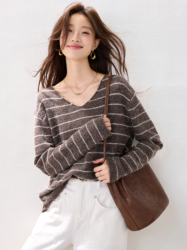 Pullover lazy stripe fashion V-neck loose winter tops