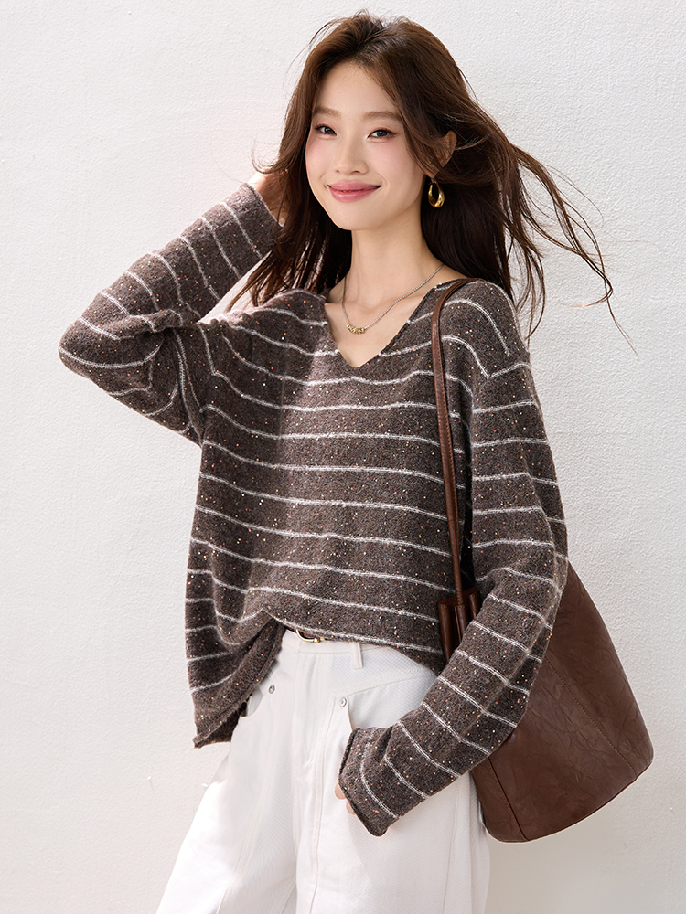 Pullover lazy stripe fashion V-neck loose winter tops