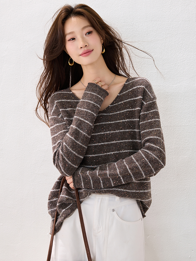Pullover lazy stripe fashion V-neck loose winter tops