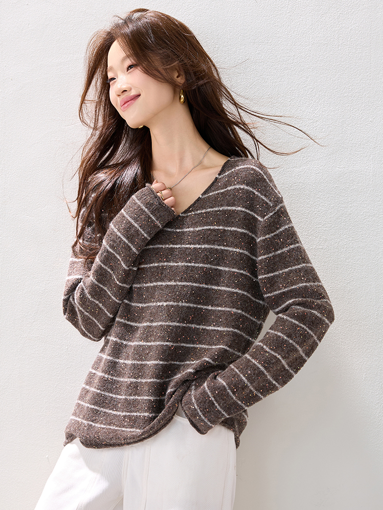 Pullover lazy stripe fashion V-neck loose winter tops