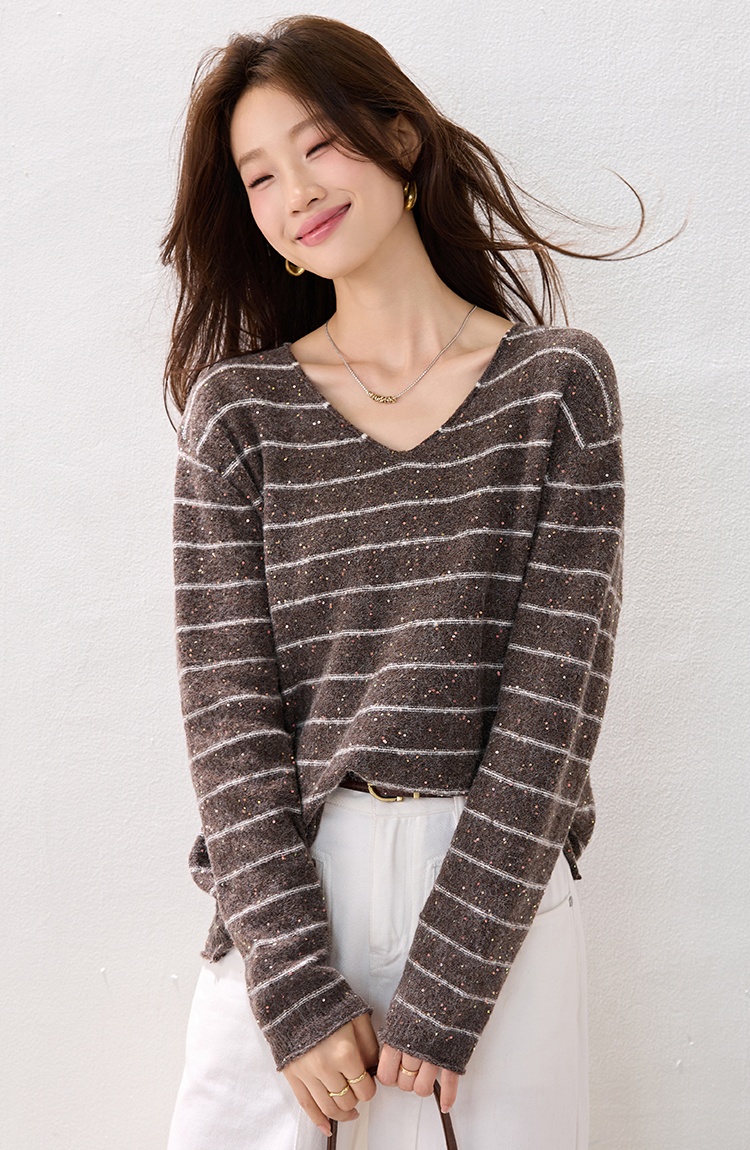 Pullover lazy stripe fashion V-neck loose winter tops