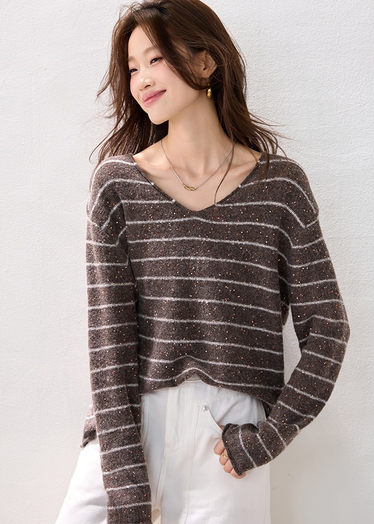 Pullover lazy stripe fashion V-neck loose winter tops