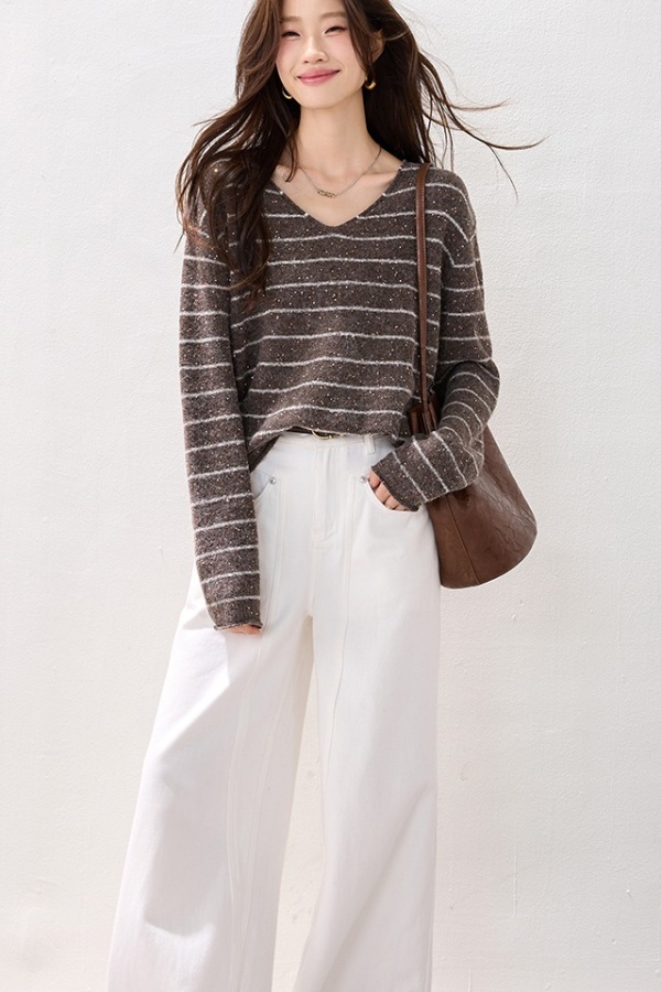 Pullover lazy stripe fashion V-neck loose winter tops