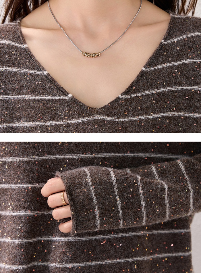 Pullover lazy stripe fashion V-neck loose winter tops