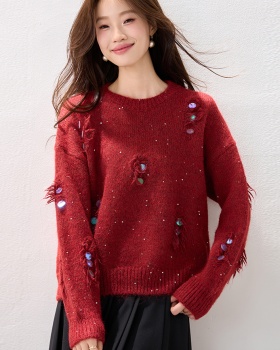 Red all-match loose tassels winter sweater for women