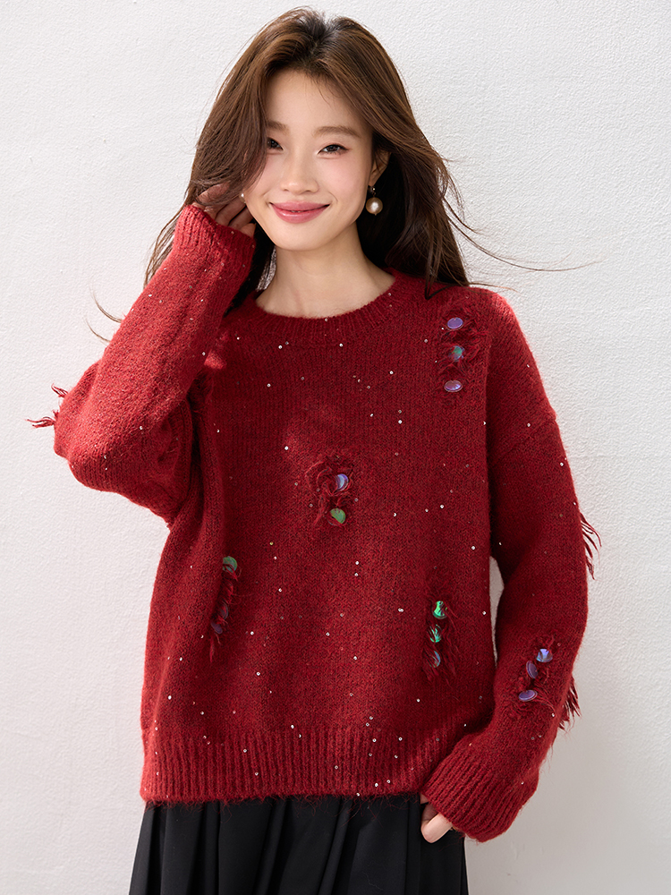 Red all-match loose tassels winter sweater for women
