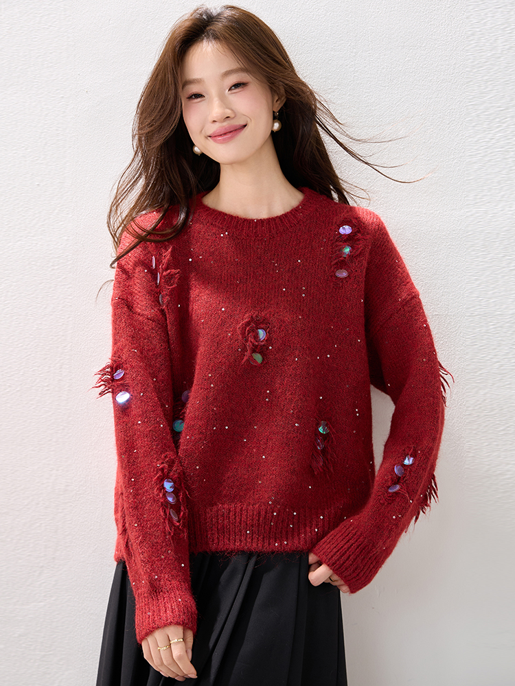 Red all-match loose tassels winter sweater for women